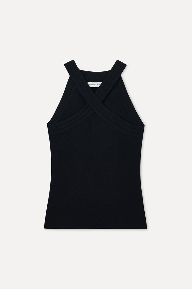 Women's Black Fitted Sleeveless Cross-Neck Knitwear Blouse