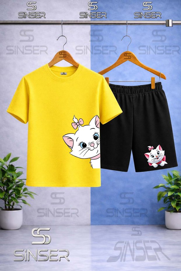 Children's Cat Head with Ribbons Printed Crew Neck T-Shirt - Shorts Set