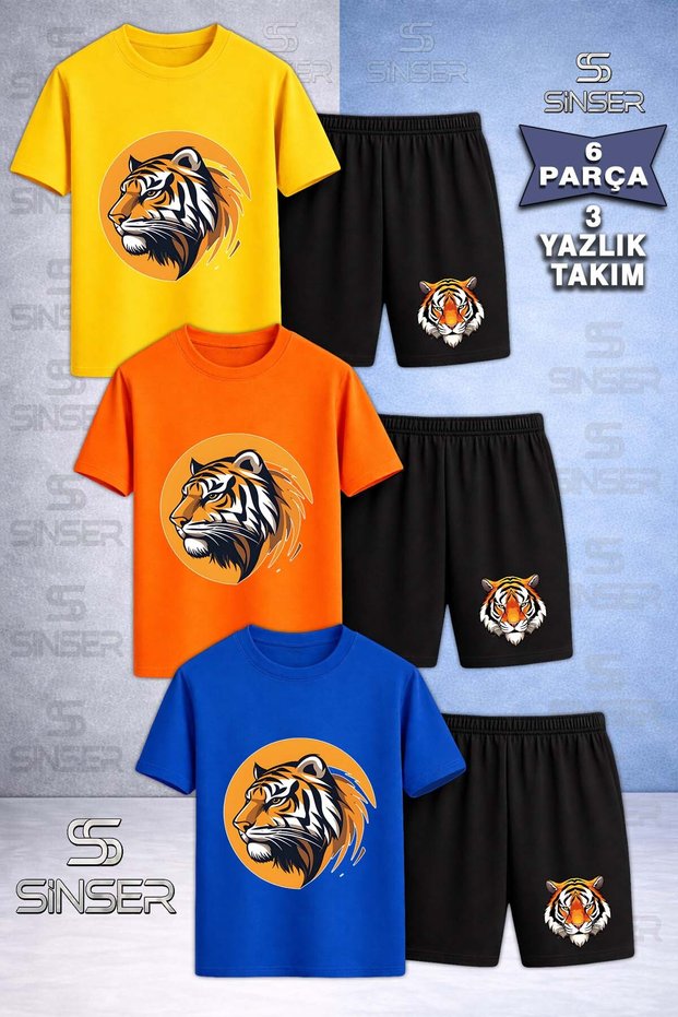 Children's Tiger Head Circle Yellow Printed Crew Neck 3-Piece T-Shirt - Shorts Set