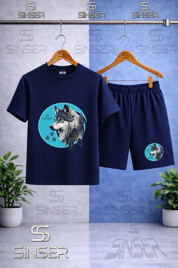 Children's Wolf Gray Turquoise Canvas Printed Crew Neck T-Shirt - Shorts Set