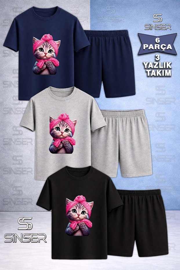 Children's Seker Cat Half Printed Crew Neck 3-Piece T-Shirt - Shorts Set
