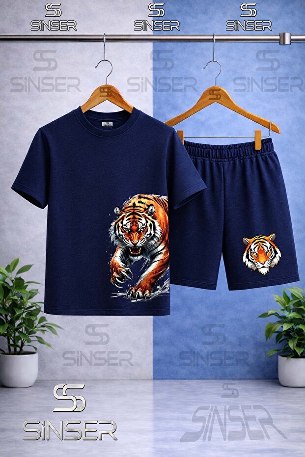 Children's Tiger Side Paw Printed Crew Neck T-Shirt - Shorts Set