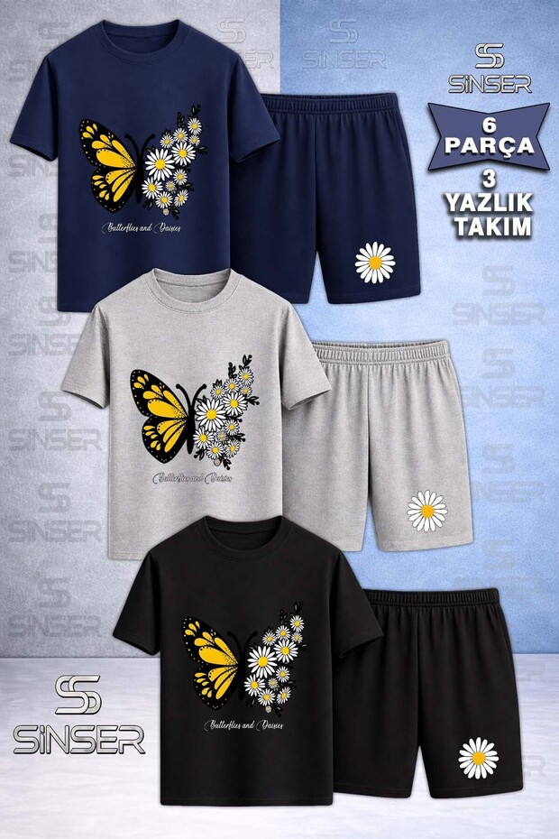 Children's Buttrfly Yellow Wing Daisy Printed Crew Neck 3-Piece T-Shirt - Shorts Set