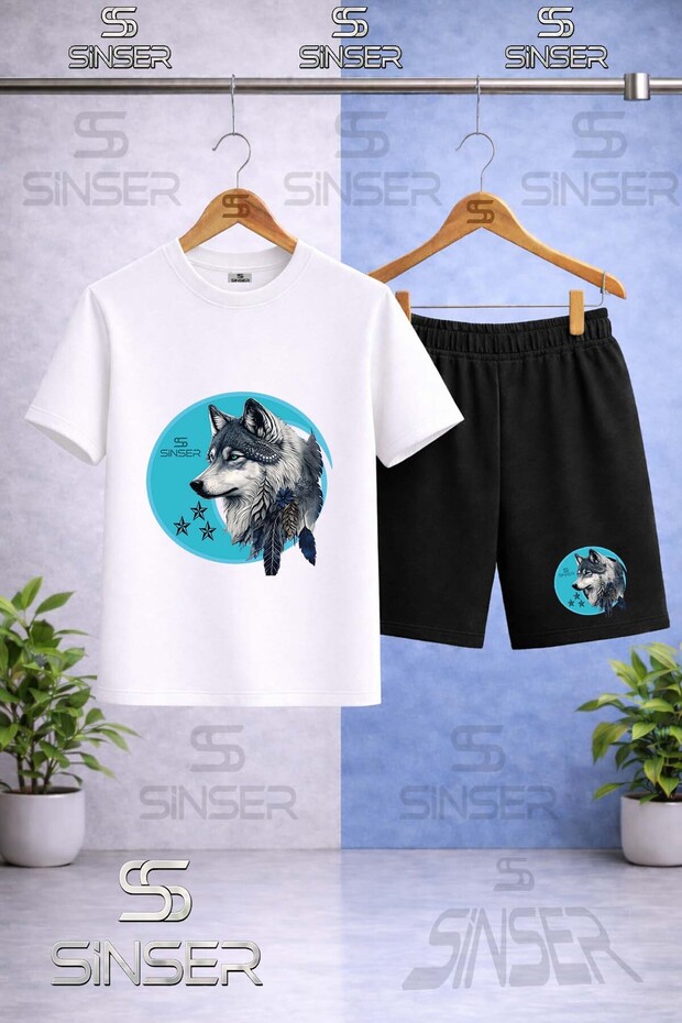 Children's Wolf Gray Turquoise Canvas Printed Crew Neck T-Shirt - Shorts Set