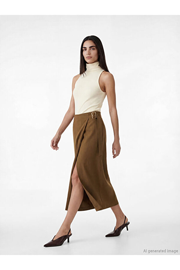 Belted Skirt with Buckle Detail