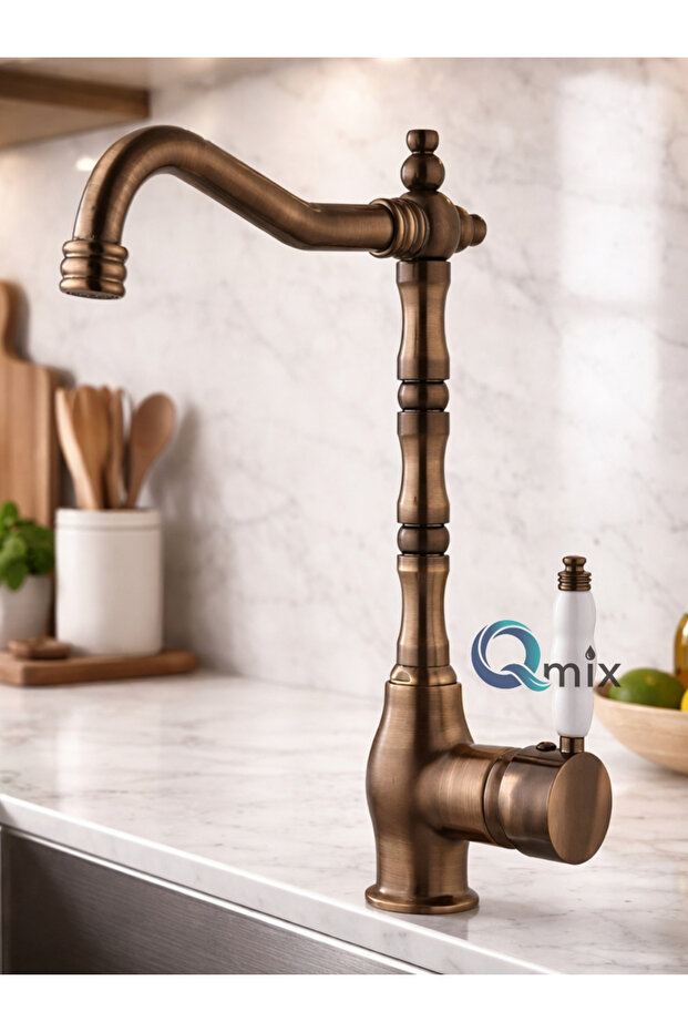 Retro Rustic Nostalgic Style Antique Porcelain Handle Luxury Kitchen Sink Faucet Complete Brass