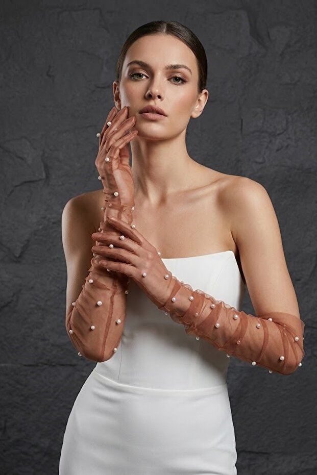Noctyra Pearl Mesh Couture Copper Color Gloves – Long Tulle with Pearl Detail, Luxurious Event Accessory