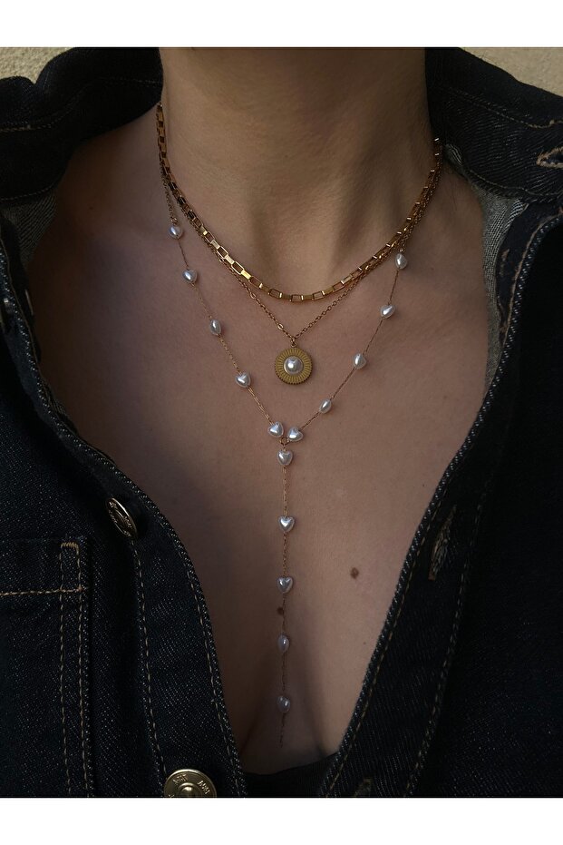 Pearl Detail Triple Chain Stainless Steel Necklace Set