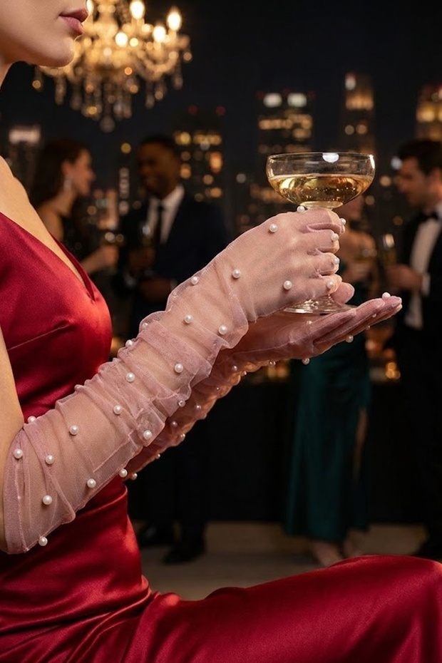 Noctyra Pearl Mesh Couture Dusty Rose Gloves – Long Tulle with Pearl Detail, Luxurious Event Accessory