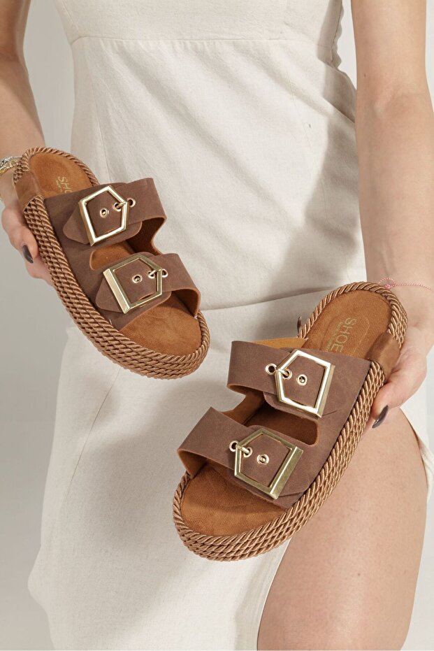 Women's Daily Double Buckle Side Rope Wrapped Suede Sandals