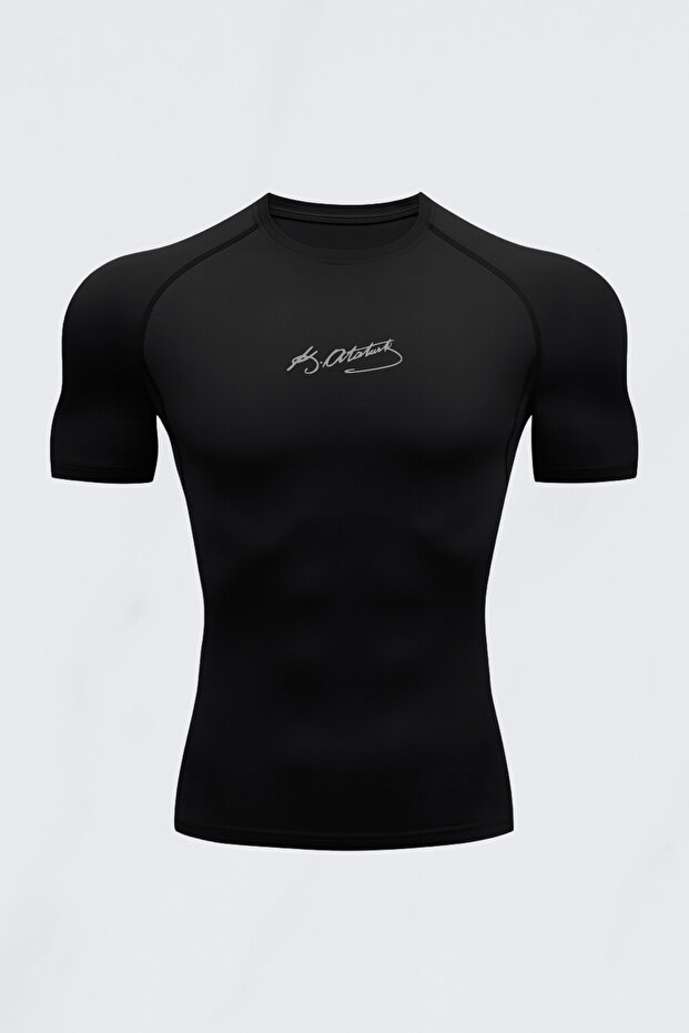 FitVult Mustafa Kemal Atatürk İmza Baskılı Kısa Kollu Compression Spor Tshirt Vücuda Yapışan Body İçlik Türk