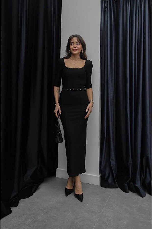 Women's Zara Model Belted Black Square Neck Short Sleeve Evening Dress