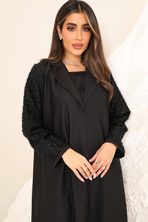 Premium Stylish Black Creepe Coat Coller Abaya with Elegant Sleeve Details for Women