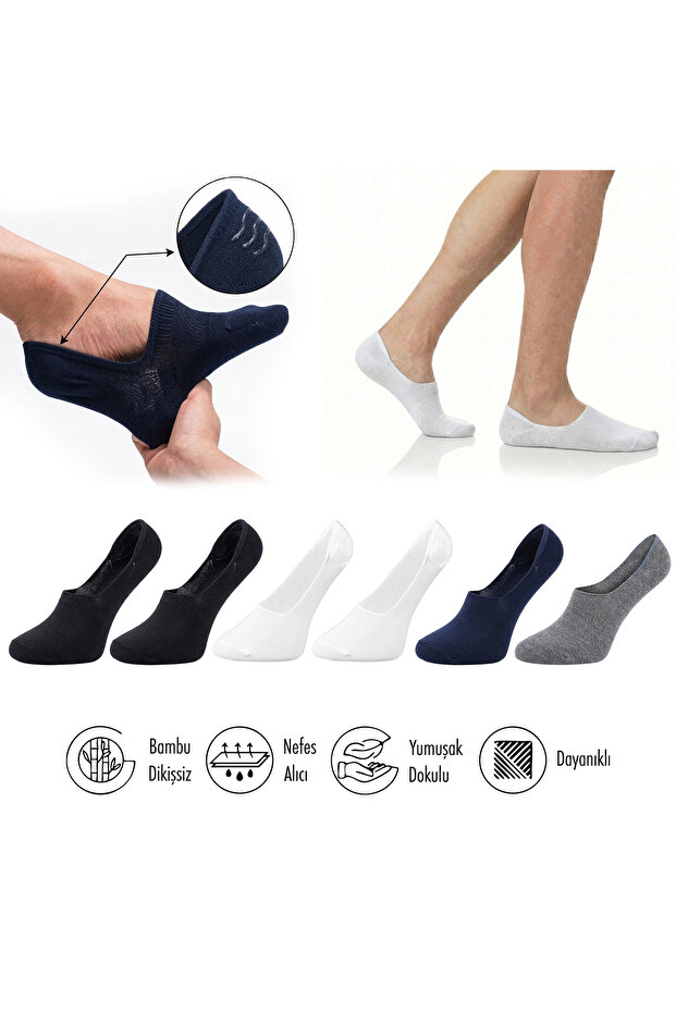 Pure Bamboo Men's Ballerina Socks Black-White-Navy Blue-Grey Seamless Invisible Non-Slip Heel Silicone Premium 6-Pack Softaura