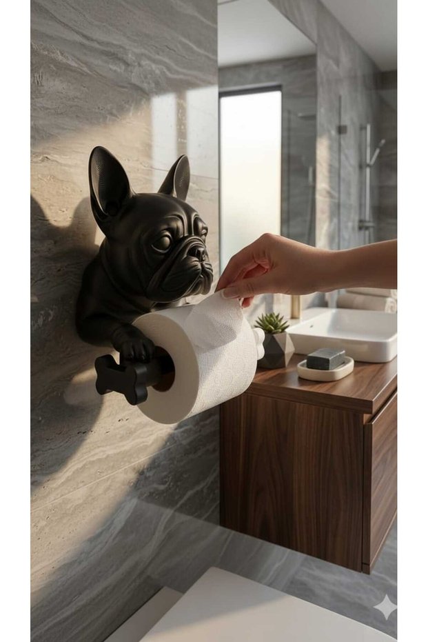 Black Decorative Dog (French Bulldog) Toilet Paper Holder | Modern Bathroom Accessory