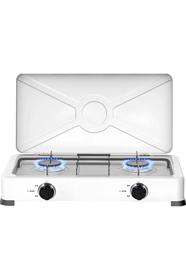 Portable Double Burner Gas Stove with Lid, Enamel Grill, High Flame Efficiency Cooktop