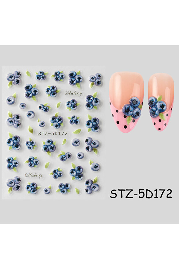 STZ-5D172 1/2 pcs 5D Embossed Elegant Blueberry Nail Stickers Tropical Fruit Blueberry Adhesive Nail