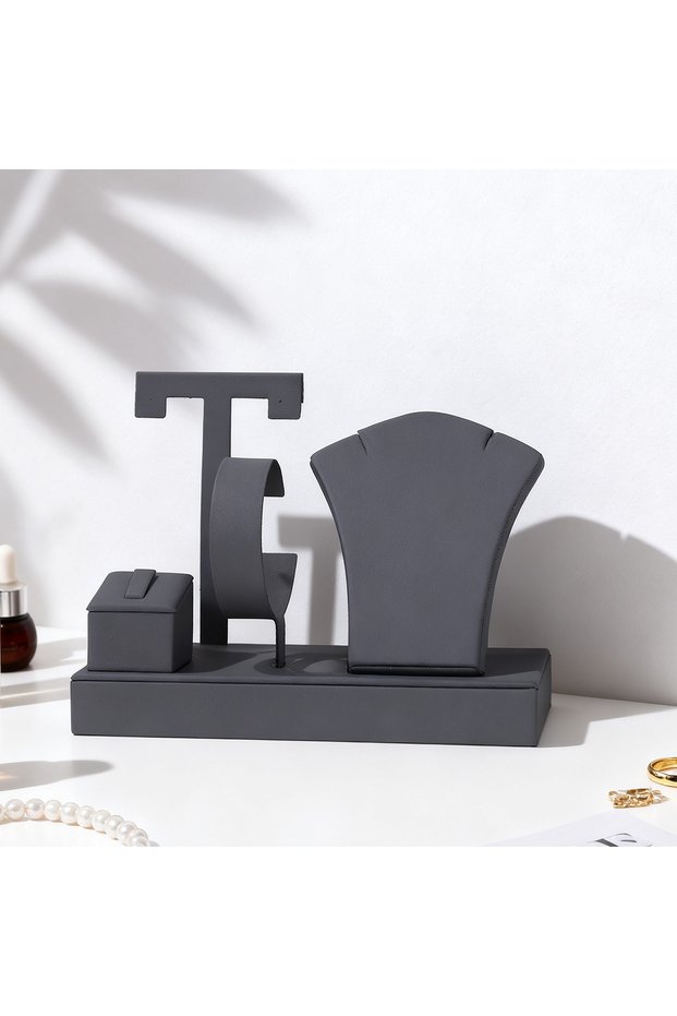GRAY Leather Jewelry Display Stand Set 4-in-1 Necklace Earring Ring Bracelet Holder for Retail Shop