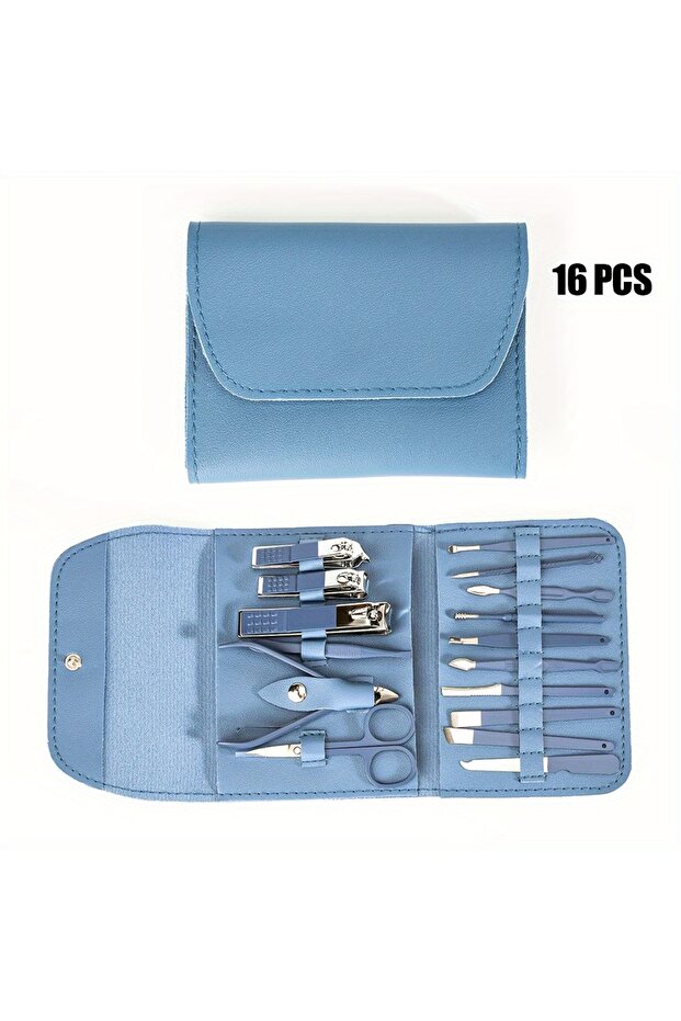 Blue Nail Clippers Manicure Tool Set, With Portable Travel Case, Cuticle Nippers And Cutter Kit, Pro