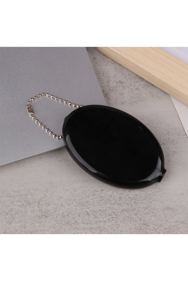 Black Small Oval Coin Purse Mini Earrings Rings Storage Box With Chain Solid Color PVC Fashion Porta