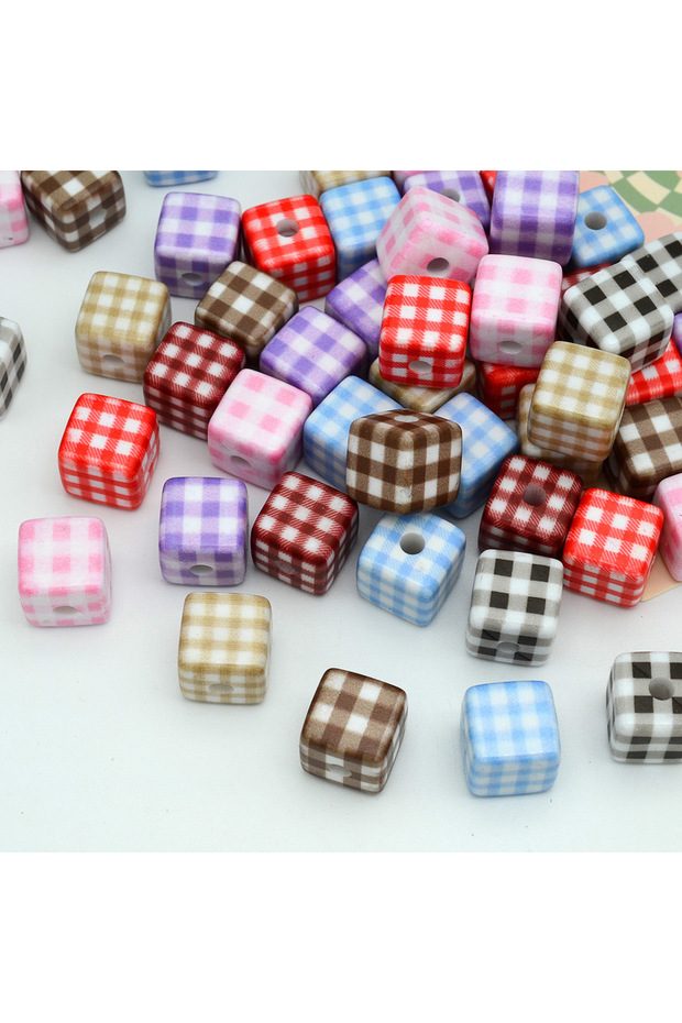 10pcs random color 10 PCS 14mm Summer Acrylic Square Plaid Beads Diy Handmade Earrings Bracelet Head