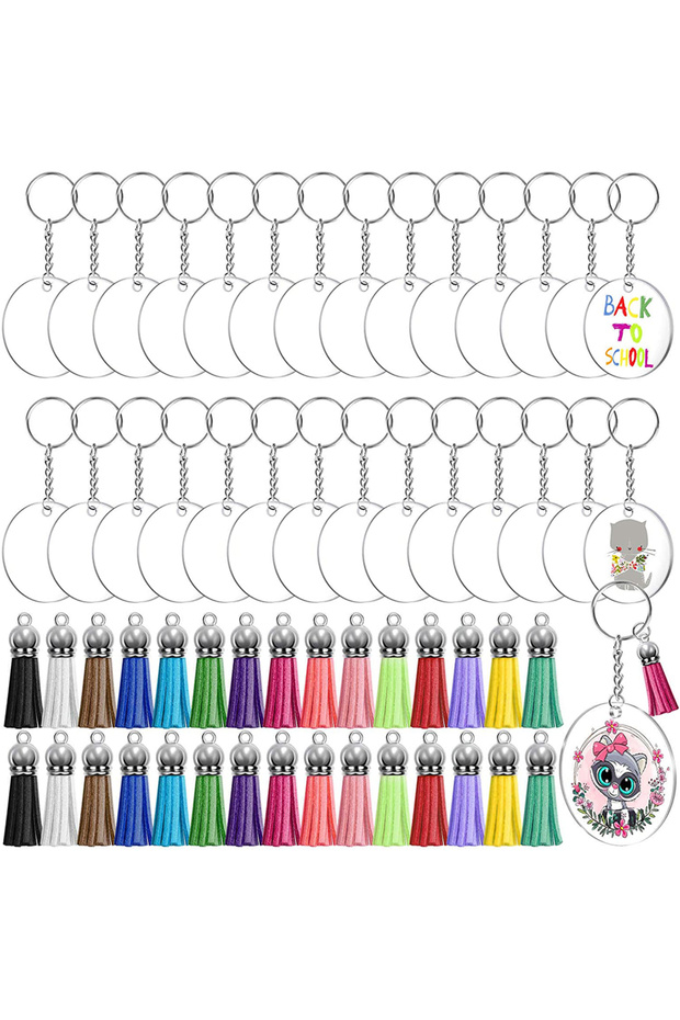 120pcs Silver 120pcs Acrylic Blank Keychain With Leather Tassel Pendant Keyring Round Acrylic Keycha