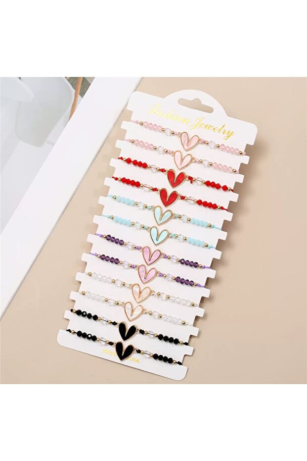 Heart Style 12Pcs Wedding Party Ceramic Beaded Colorful Heart Shaped Alloy Adiustabe Bracelet Set Fo