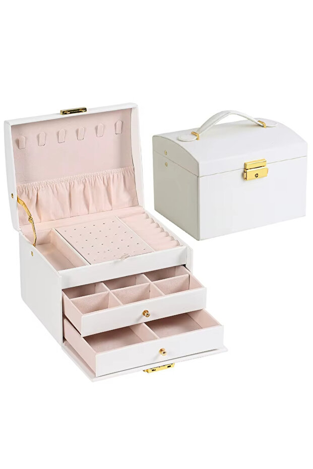 S White 1Pcs Multi Functional Three Layer Leather Drawer Style Jewelry Box Earrings Earrings Lock Je