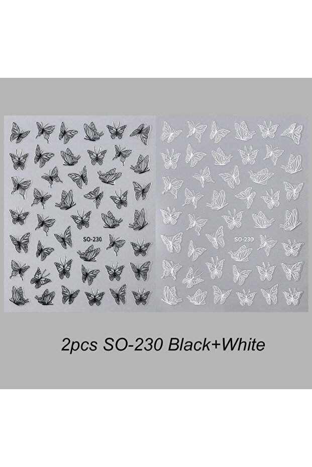2pcs SO-230 Mixed 2pcs Black White Butterfly Nail Stickers Dark Style Butterflies Charms Sliders 3D