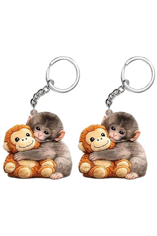 2pcs Punch Monkey Acrylic Key Ring Durable Clear Print Animal Keychain with Alloy Chain for Backpack
