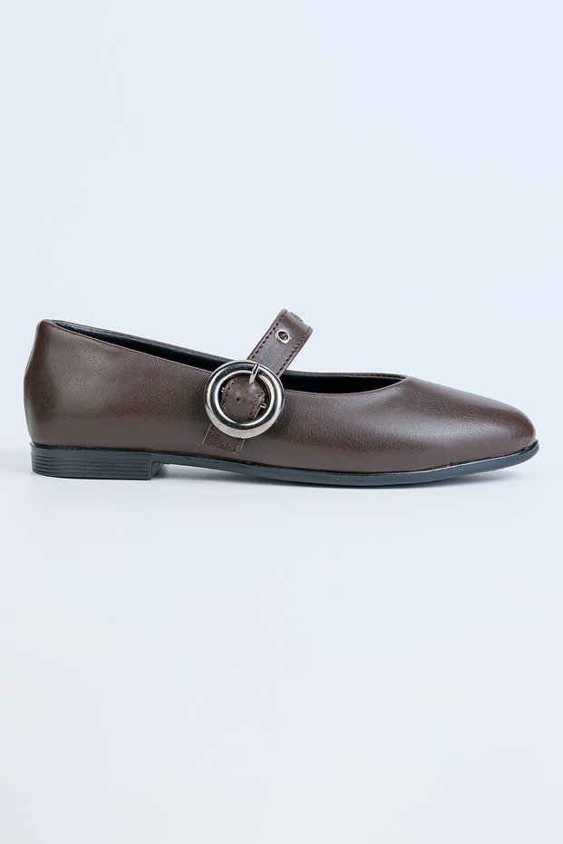 Women's Mary Jane Style Faux Leather Ballerinas with Metal Round Buckle