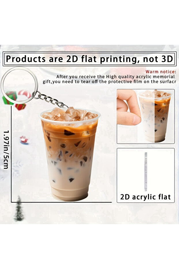 Caffe Latte-Q0095 Caffe Latte Keychain,Drink Theme 2D Flat Acrylic Pendant,Milk Tea Ornament Charms,