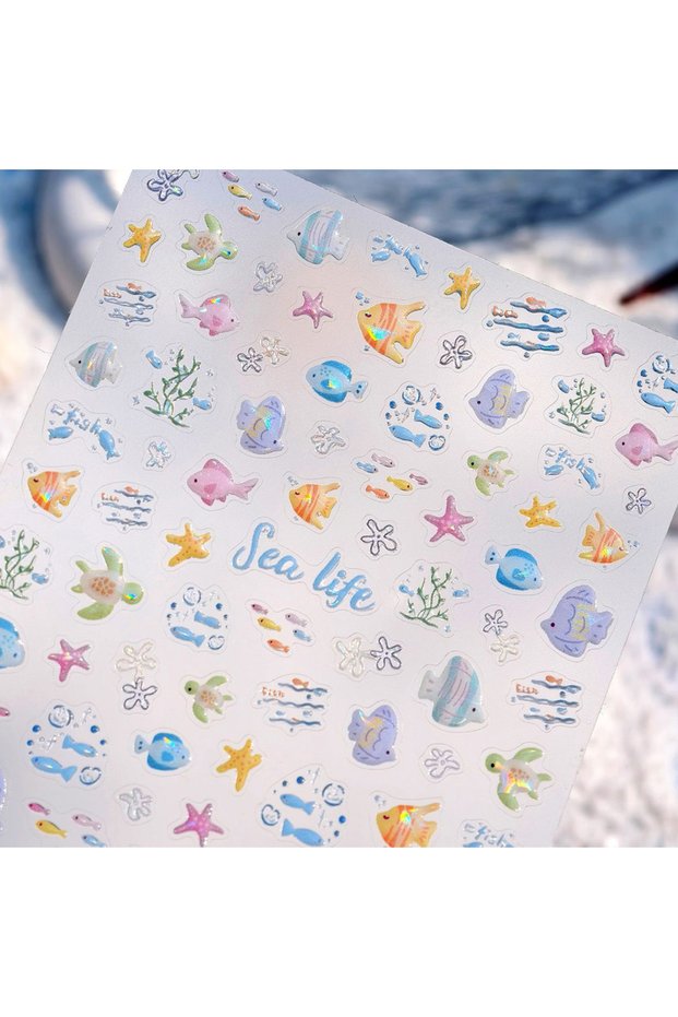 NAILFYOU M1167 Adorable Swimming Turtles Underwater Ocean Nail Decals Colorful Fish Schools Delicate