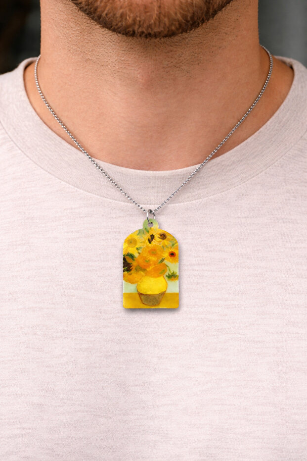 Sunflower Patterned Artistic Necklace with Yellow Figure Unisex Metal Chain 60 cm