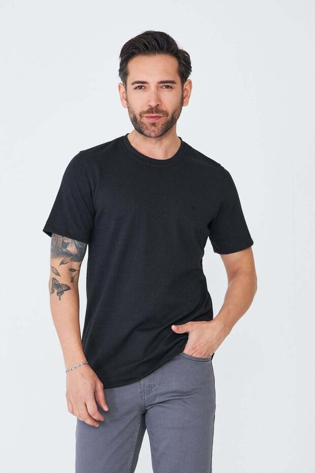 Black Micro Patterned Men's Basic T-Shirt - 5