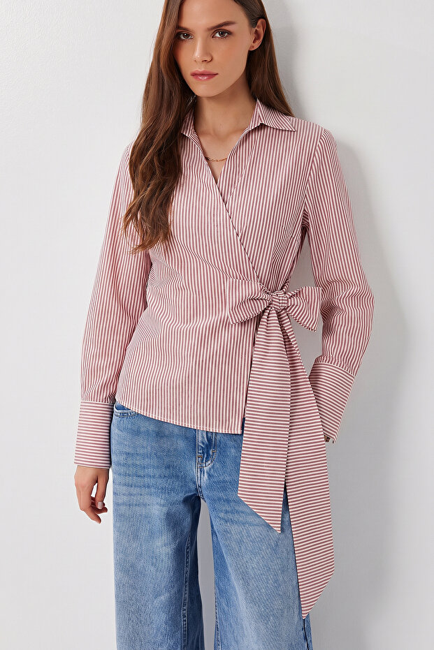 Shirt Collar Striped Wrap Woven Blouse Lyy0140 Bordo Ecru