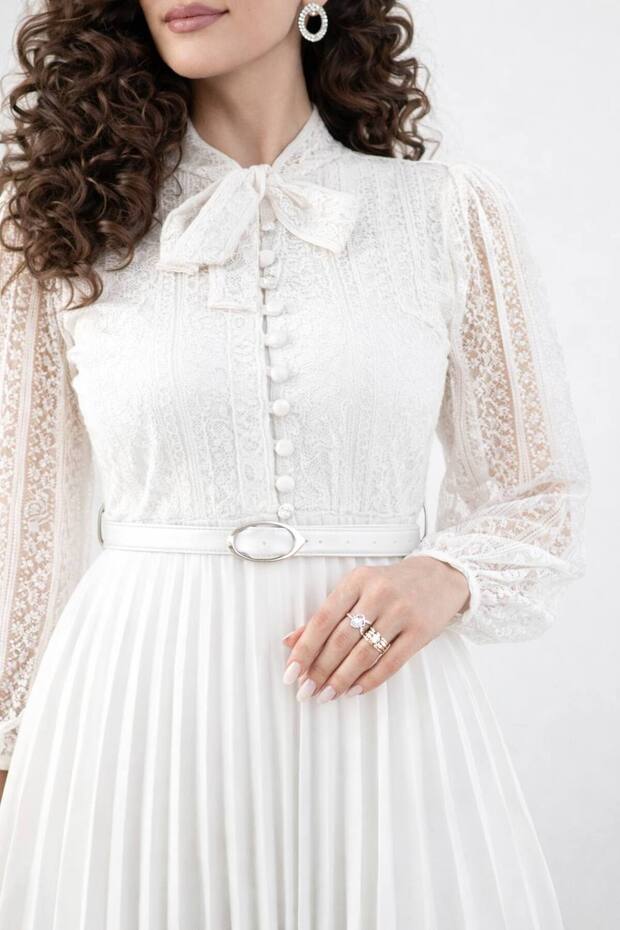 Women's puff sleeve tie-neck button-down pleated belted guipure dress