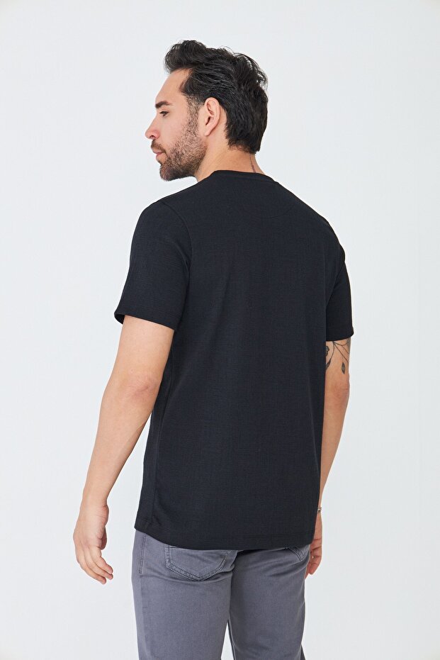 Black Micro Patterned Men's Basic T-Shirt - 3