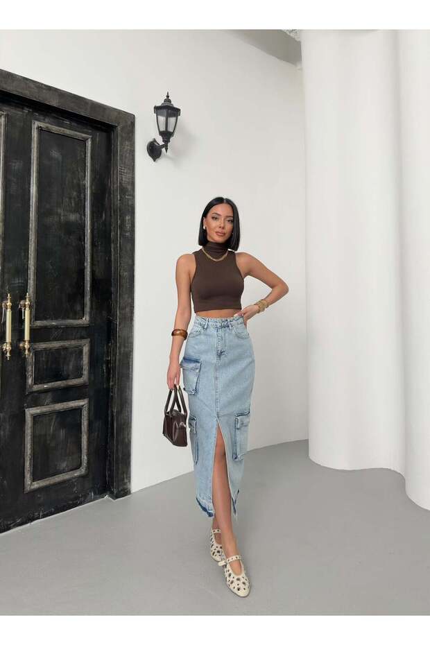 Women's Light Blue High Waist Cargo Pocket Slit Midi Jean Skirt