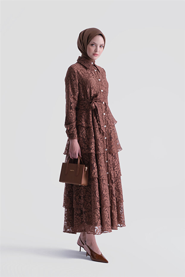 Lace Ruffled Stylish Dress Brown