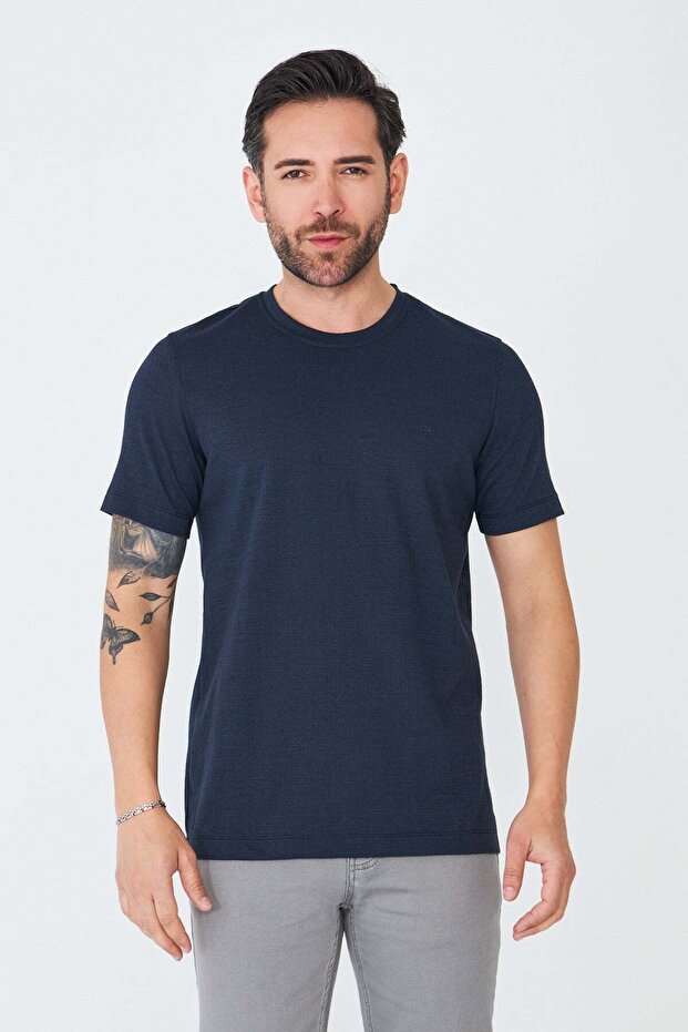 Navy Blue Micro Patterned Men's Basic T-Shirt - 1
