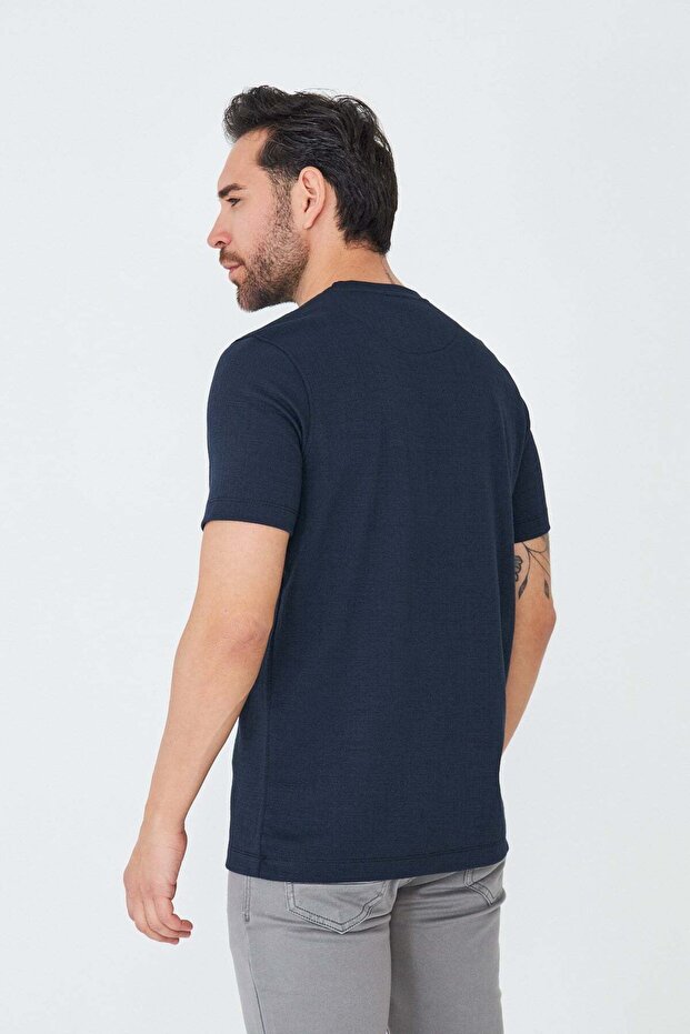 Navy Blue Micro Patterned Men's Basic T-Shirt - 3