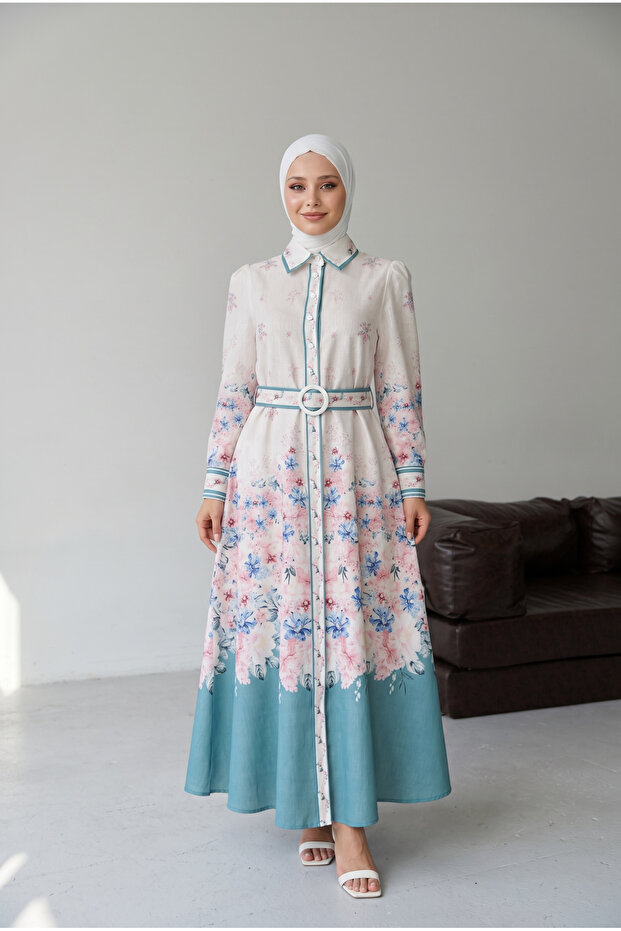 Women's Floral Patterned Belted Shirt Dress