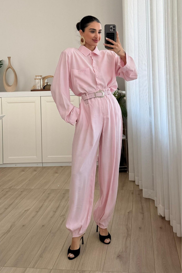 Pink Snap Button Modal Shirt and Belted Shalwar Trousers Set - 8396