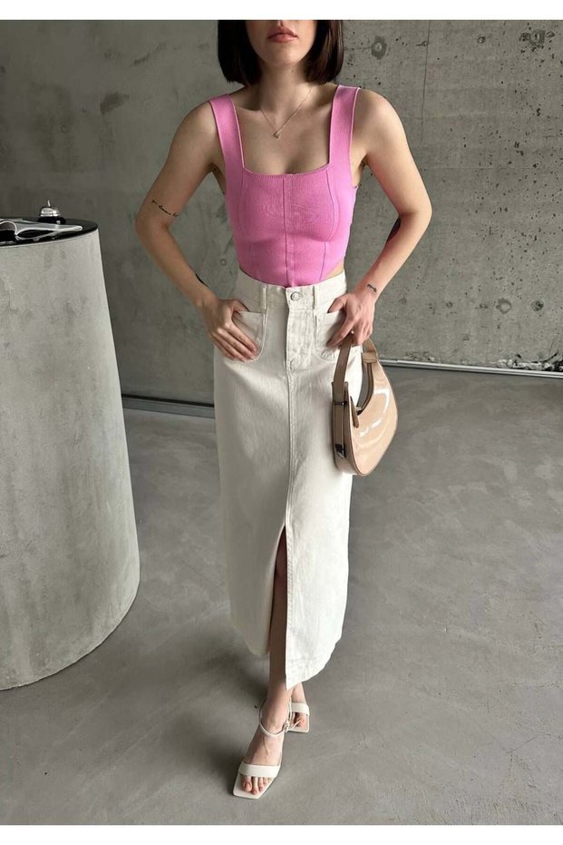 Women's White High Waist Slit Midi Skirt