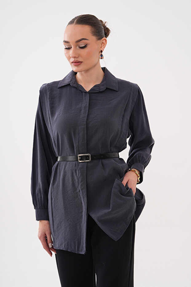 Modal Woven Shirt with Hidden Placket and Waist Belt