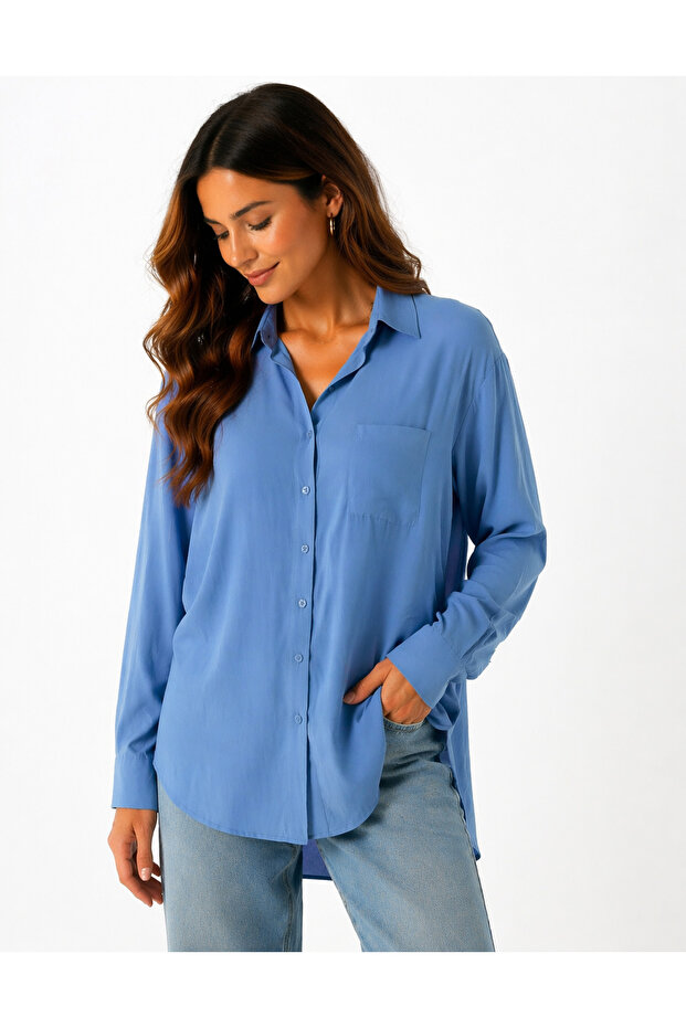 Women's Blue Viscose Shirt with Long Back and Short Front, Comfortable Cut Shirt -