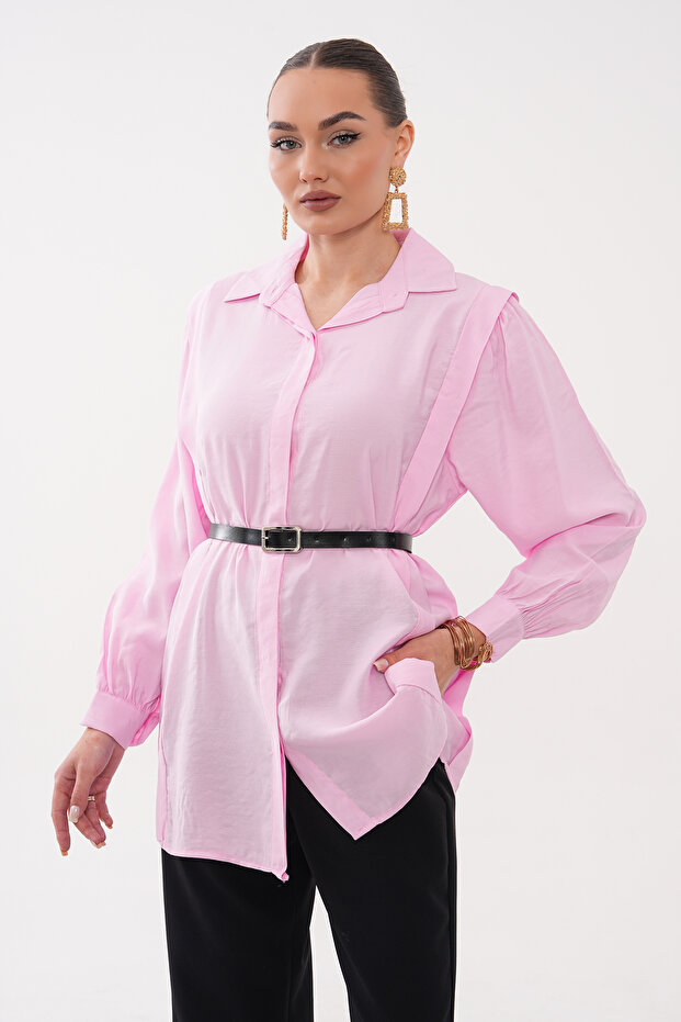 Modal Woven Shirt with Hidden Placket and Waist Belt