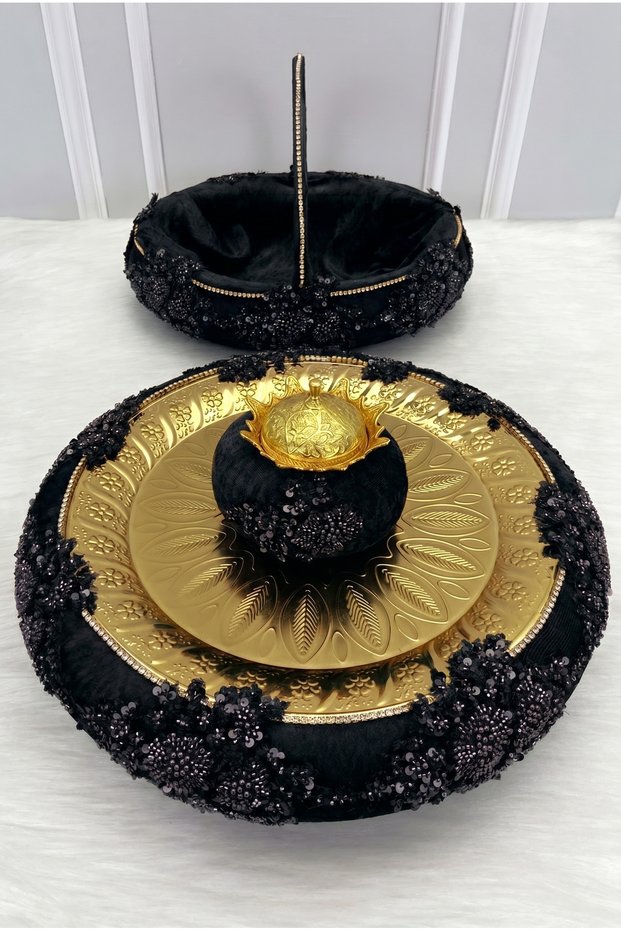 Black Vip Appliqued Velvet Henna Night Tray Basket Bridal Team, Engagement Wedding Promise Circumcision
