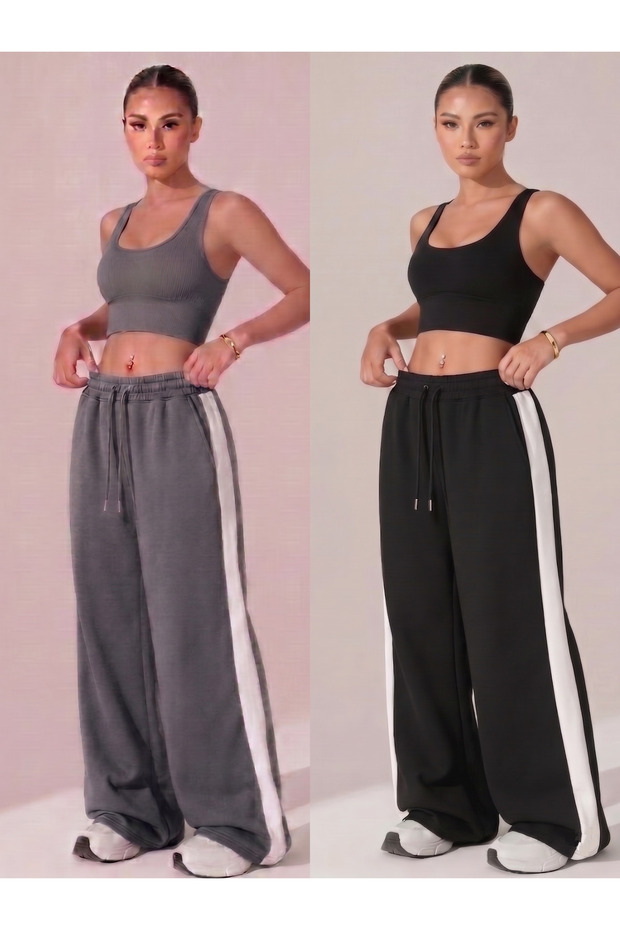 2-Piece Women's Baggy Relaxed Fit White Striped Loose Sweatpants